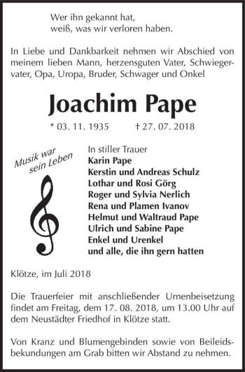 Traueranzeige von Joachim Pape  von Magdeburger Volksstimme