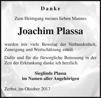 Traueranzeige von Joachim Plassa  von Magdeburger Volksstimme
