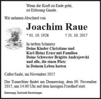 Traueranzeige von Joachim Raue  von Magdeburger Volksstimme