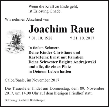 Traueranzeige von Joachim Raue  von Magdeburger Volksstimme