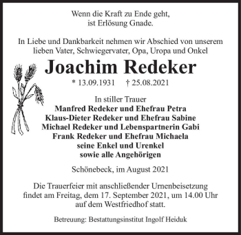 Traueranzeige von Joachim Redeker  von Magdeburger Volksstimme