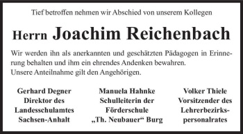 Traueranzeige von Joachim Reichenbach  von Magdeburger Volksstimme