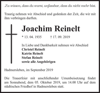 Traueranzeige von Joachim Reinelt  von Magdeburger Volksstimme