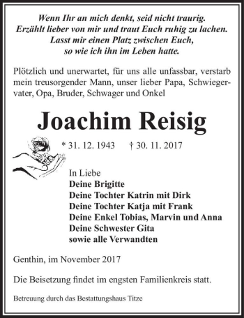 Traueranzeige von Joachim Reisig  von Magdeburger Volksstimme