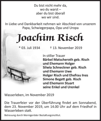 Traueranzeige von Joachim Risch  von Magdeburger Volksstimme