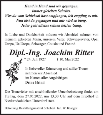 Traueranzeige von Joachim Ritter  von Magdeburger Volksstimme