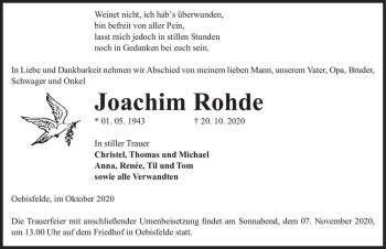 Traueranzeige von Joachim Rohde  von Magdeburger Volksstimme