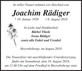 Traueranzeige von Joachim Rädiger  von Magdeburger Volksstimme