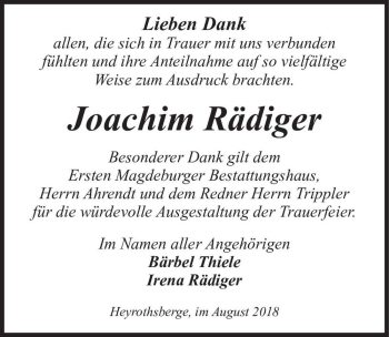Traueranzeige von Joachim Rädiger  von Magdeburger Volksstimme