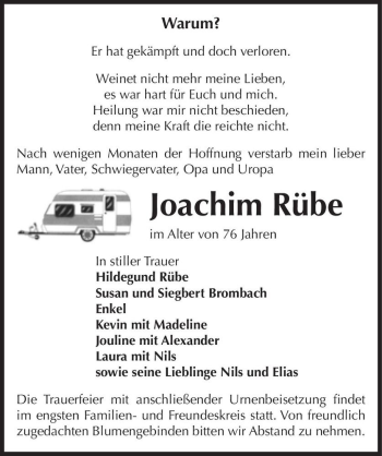 Traueranzeige von Joachim Rübe  von Magdeburger Volksstimme