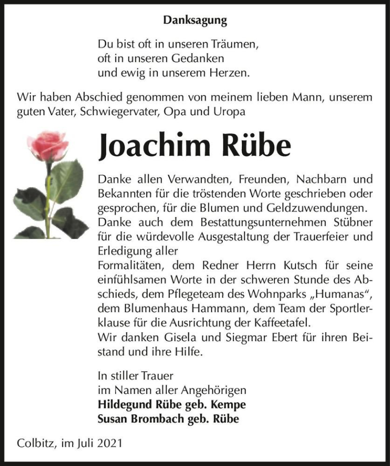  Traueranzeige für Joachim Rübe  vom 24.07.2021 aus Magdeburger Volksstimme