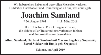 Traueranzeige von Joachim Samland  von Magdeburger Volksstimme