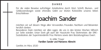 Traueranzeige von Joachim Sander  von Magdeburger Volksstimme