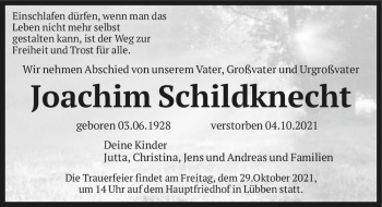Traueranzeige von Joachim Schildknecht  von Magdeburger Volksstimme