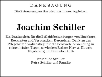 Traueranzeige von Joachim Schiller  von Magdeburger Volksstimme