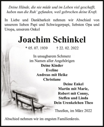 Traueranzeige von Joachim Schinkel  von Magdeburger Volksstimme