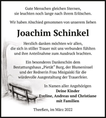 Traueranzeige von Joachim Schinkel  von Magdeburger Volksstimme