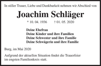 Traueranzeige von Joachim Schläger  von Magdeburger Volksstimme