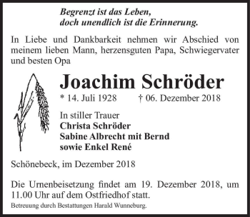 Traueranzeige von Joachim Schröder  von Magdeburger Volksstimme