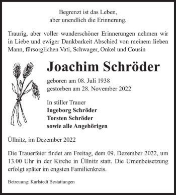 Traueranzeige von Joachim Schröder  von Magdeburger Volksstimme