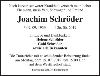 Traueranzeige von Joachim Schröder  von Magdeburger Volksstimme