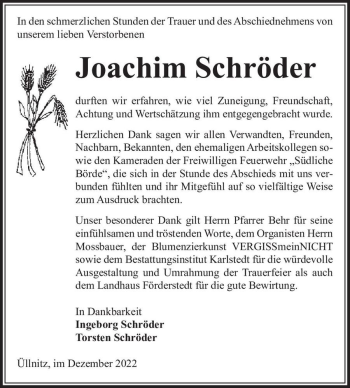 Traueranzeige von Joachim Schröder  von Magdeburger Volksstimme