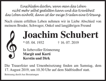 Traueranzeige von Joachim Schubert  von Magdeburger Volksstimme