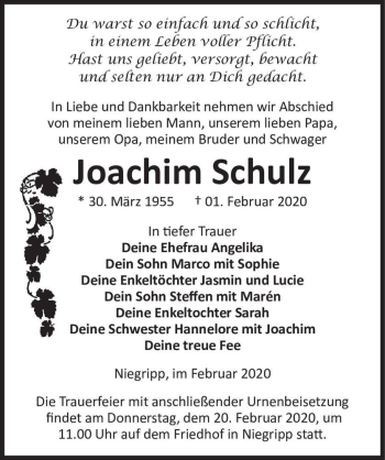 Traueranzeige von Joachim Schulz  von Magdeburger Volksstimme