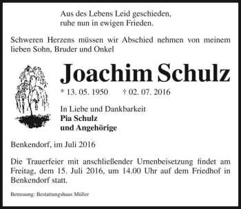 Traueranzeige von Joachim Schulz  von Magdeburger Volksstimme