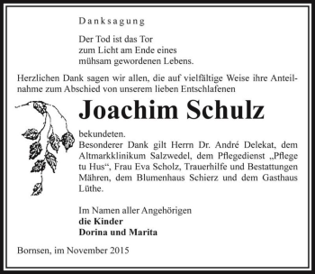 Traueranzeige von Joachim Schulz  von Magdeburger Volksstimme
