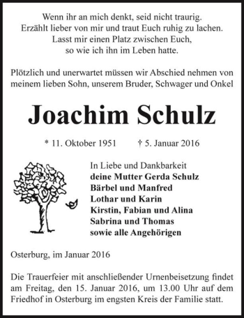 Traueranzeige von Joachim Schulz  von Magdeburger Volksstimme