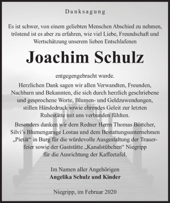 Traueranzeige von Joachim Schulz  von Magdeburger Volksstimme