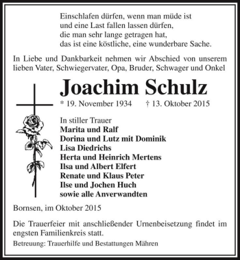 Traueranzeige von Joachim Schulz  von Magdeburger Volksstimme