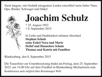 Traueranzeige von Joachim Schulz  von Magdeburger Volksstimme