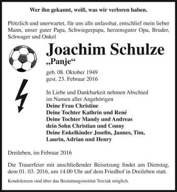 Traueranzeige von Joachim Schulze 