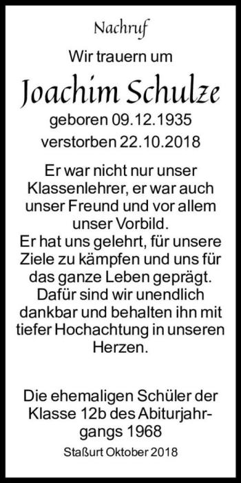 Traueranzeige von Joachim Schulze  von Magdeburger Volksstimme