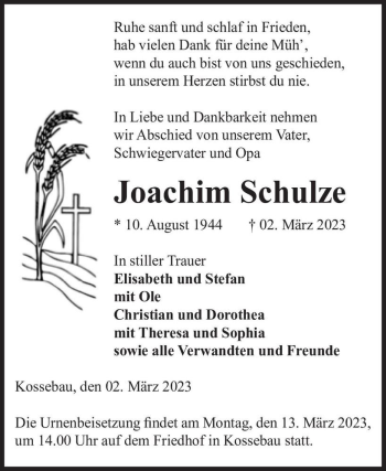Traueranzeige von Joachim Schulze  von Magdeburger Volksstimme