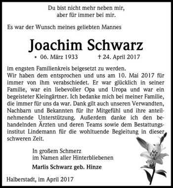 Traueranzeige von Joachim Schwarz  von Magdeburger Volksstimme