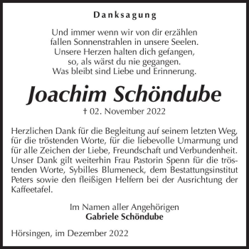 Traueranzeige von Joachim Schöndube  von Magdeburger Volksstimme
