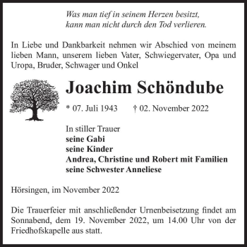 Traueranzeige von Joachim Schöndube  von Magdeburger Volksstimme