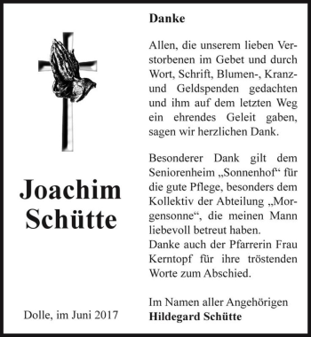 Traueranzeige von Joachim Schütte  von Magdeburger Volksstimme