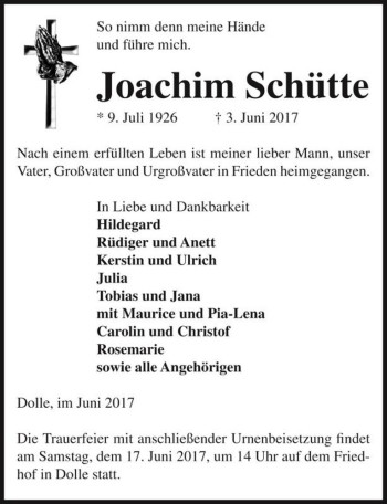 Traueranzeige von Joachim Schütte  von Magdeburger Volksstimme