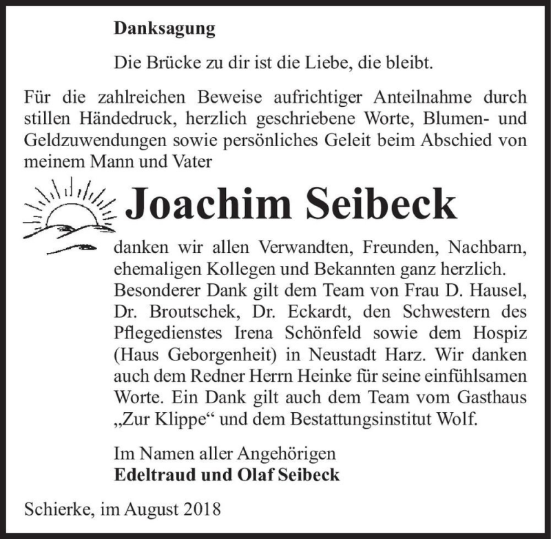  Traueranzeige für Joachim Seibeck  vom 04.08.2018 aus Magdeburger Volksstimme