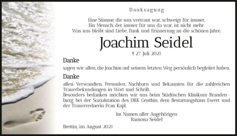  Traueranzeige für Joachim Seidel  vom 28.08.2021 aus Magdeburger Volksstimme