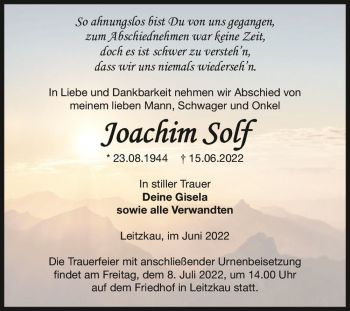 Traueranzeige von Joachim Solf  von Magdeburger Volksstimme