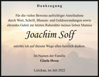 Traueranzeige von Joachim Solf  von Magdeburger Volksstimme