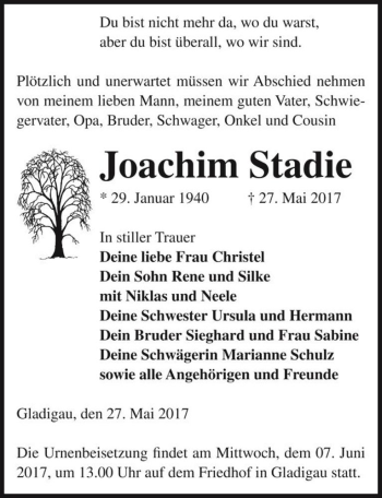 Traueranzeige von Joachim Stadie  von Magdeburger Volksstimme