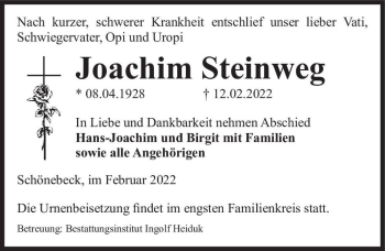Traueranzeige von Joachim Steinweg  von Magdeburger Volksstimme