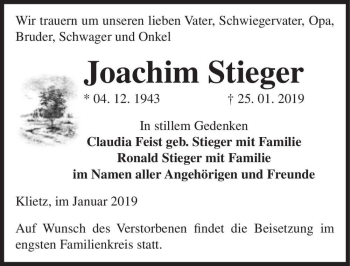 Traueranzeige von Joachim Stieger  von Magdeburger Volksstimme