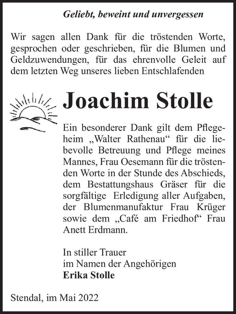  Traueranzeige für Joachim Stolle  vom 20.05.2022 aus Magdeburger Volksstimme